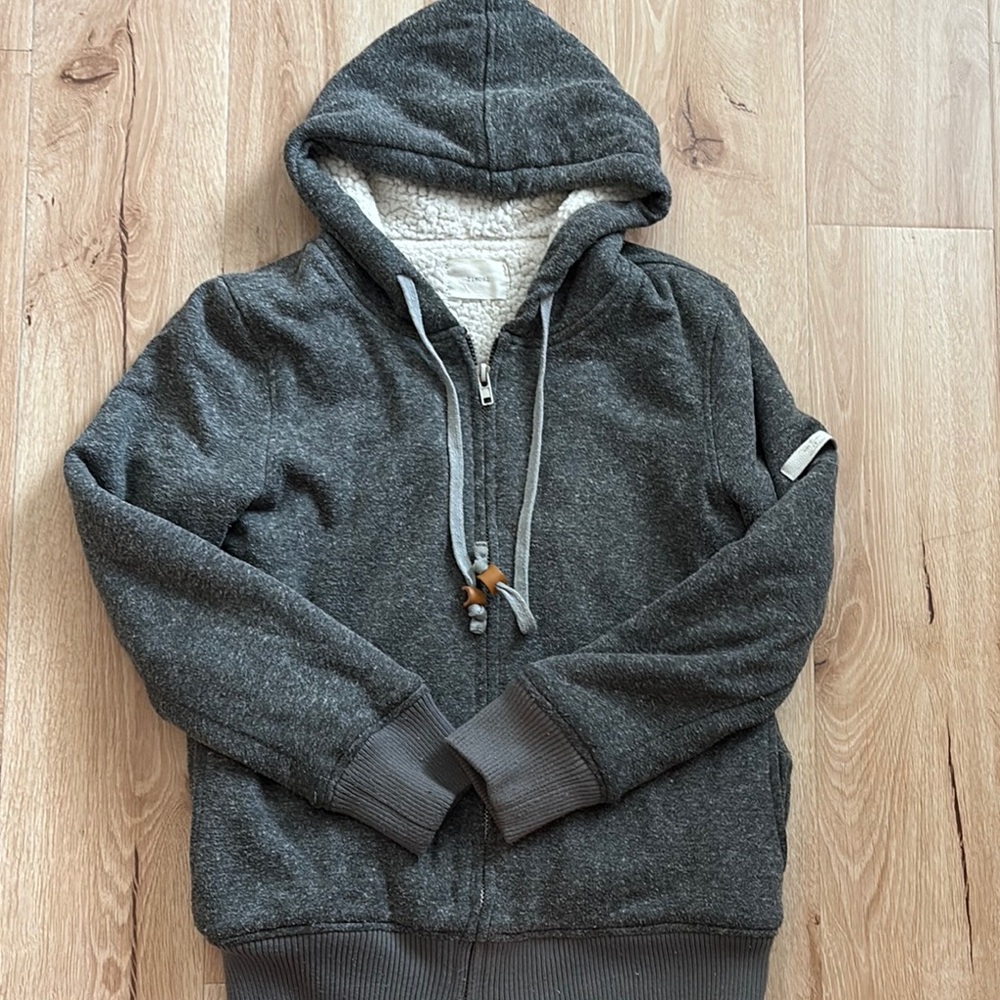 Gray Zip Up Sweater with Hood and Ribbed Cuffs